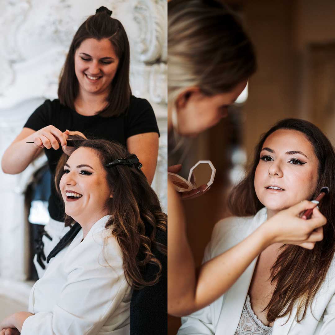 Frizerka in vizažistka urejata nevesto.